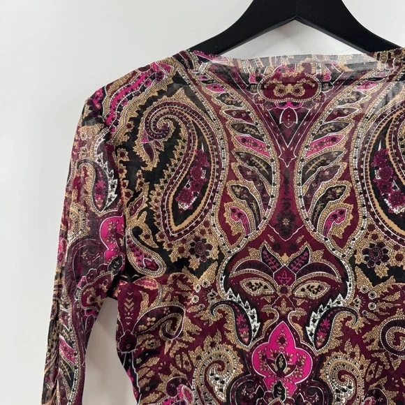 INC International Concepts Paisley Mesh Sleeve Top V-Neck Size Large - Picture 7 of 8